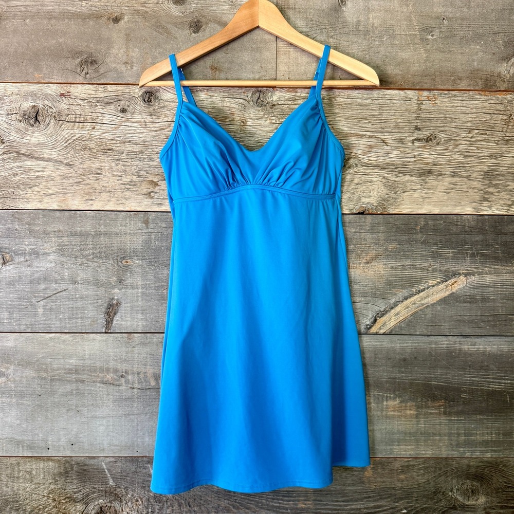 Lands End Empire Waist Swim Dress 10 Aqua One‎ Piece Swimsuit Vaca Modest